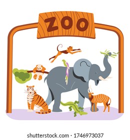 Zoo invite banner design. Zoological garden entrance template with various animals and birds. Flat Art Vector illustration