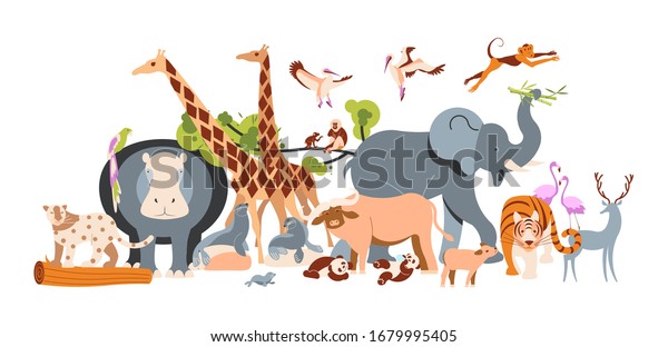 Zoo\
invite banner design. Zoological garden template with various\
animals and birds. Flat Art Vector\
illustration
