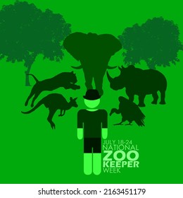 A Zoo Keeper Icon With Some Animals And Trees With Bold Text On Green Background, National Zoo Keeper Week July 18-24