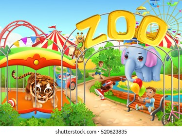 Zoo. Kids playground. Amusement park. 3d vector illustration