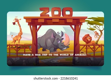 Zoo landing page template. Cartoon vector illustration of happy monkey, lion, rhino and giraffe welcoming guests in natural wildlife environment. Savannah animals observation, family leisure website