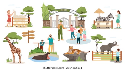 Zoo landscape elements. Cartoon set of happy kids with parents looking at different animals in the zoo. Zoological park collection. Flat vector illustration isolated on white background