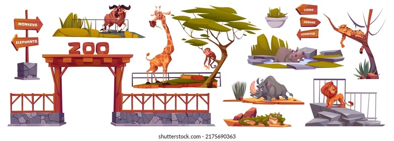 Zoo landscape elements, cartoon vector set, entrance with wooden arch, fence and african animals. Zoological park collection with wood arrows pointers on pole, pond with hippo and green plants - Shutterstock ID 2175690363