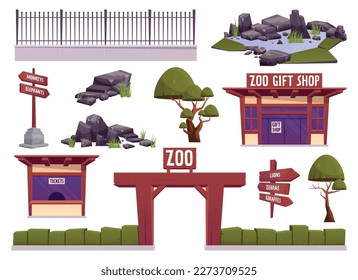 Zoo landscape elements vector illustration in cartoon style. Wooden zoo entrance with green fence,  ticket booth, gift shop, stones, trees and signs