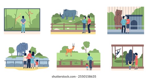 Zoo landscape set. Happy children and parents looking on wild animals in zoological park. Weekend family outdoor walk, nature education recent vector scenes