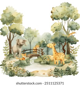 zoo lanscape vector illustration in watercolor style