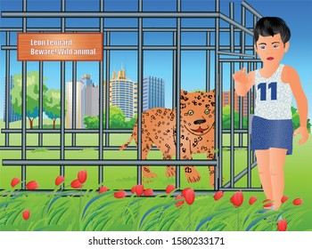 At the zoo a leopard is enclosed in a cage. A boy sees it and felt pity for the animal. He opened the door and wants to release it. Attention boy! The animal is dangerous. Vector illustration.