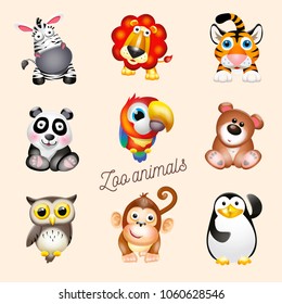 Zoo life. Cartoon fun zoo animals set. Vector illustration, isolated on white background