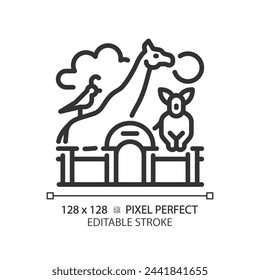 Zoo life exhibition pixel perfect linear icon. Zoological park, wildlife preservation. Animal habitats. Thin line illustration. Contour symbol. Vector outline drawing. Editable stroke