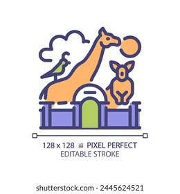 Zoo life exhibition pixel perfect RGB color icon. Zoological park, wildlife preservation. Animal habitats. Isolated vector illustration. Simple filled line drawing. Editable stroke