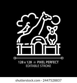 Zoo life exhibition pixel perfect white linear icon for dark theme. Zoological park, wildlife preservation. Animal habitats. Thin line illustration. Isolated symbol for night mode. Editable stroke