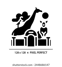 Zoo life exhibition pixel perfect black glyph icon. Zoological park, wildlife preservation. Animal habitats. Silhouette symbol on white space. Solid pictogram. Vector isolated illustration