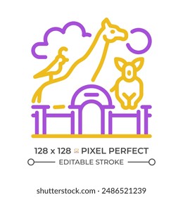 Zoo life exhibition pixel perfect two color line icon. Zoological park, wildlife preservation. Animal habitats. bicolor outline symbol. Duotone linear pictogram. Isolated illustration. Editable stroke