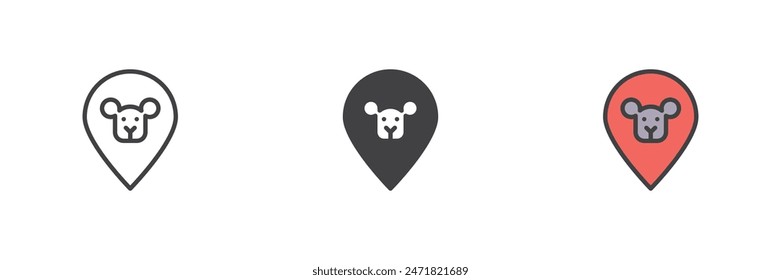 Zoo location pin different style icon set. Line, glyph and filled outline colorful version, outline and filled vector sign. Symbol, logo illustration. Vector graphics