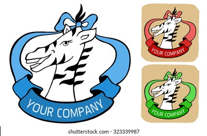 Zoo logo or label with wild animal zebra and ribbon in green, red, blue colors  three icons illustration isolated on white and beige background