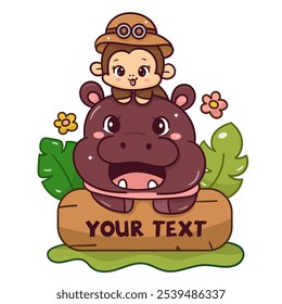 Logotipo do zoológico Hipopótamo pigmeu bebê hipopotâmico com macaco feliz. Série de animais kawaii animais selvagem selva desenho. Perfeito faz um desejo para o adesivo de design de camisa e fundo.