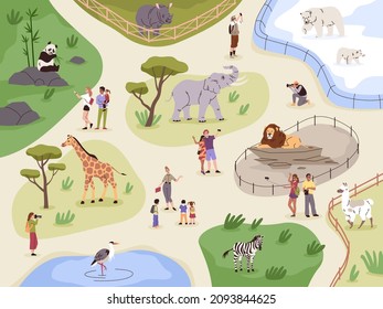 Zoo map. Animals safari park plan. Fenced enclosures with lion, llama and rhinoceros. People look at panda or giraffe. Visitors and guide on excursion. Families walk. Vector concept - Shutterstock ID 2093844625