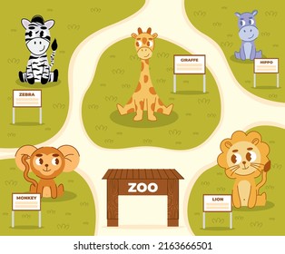 Zoo map. Animals safari park plan. Fenced enclosures with lion, llama and rhinoceros. People look at panda or giraffe. Visitors and guide on excursion. Families walk. Vector concept