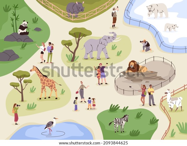 Zoo map.\
Animals safari park plan. Fenced enclosures with lion, llama and\
rhinoceros. People look at panda or giraffe. Visitors and guide on\
excursion. Families walk. Vector\
concept