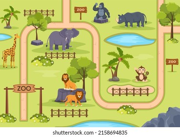 Mapa zoológico con entrada de jaulas y parque al aire libre para descubrir dónde están los animales en la ilustración del vector de dibujos animados