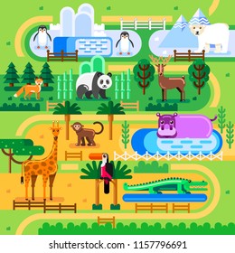 Zoo map concept. Wild animals in jungle family park, vector flat illustration. Summer fun background.