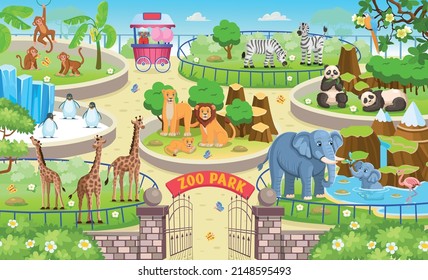 Zoo map with enclosures with animals. Outdoor park entrance with green bushes. Cartoon vector illustration. Pandas, giraffes, elephants, zebras, elephants, penguins, monkeys, parrots, flamingo.