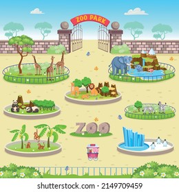 Zoo map with enclosures with animals. Outdoor park entrance with green bushes. Cartoon vector illustration. Pandas, giraffes, elephants, zebras, elephants, penguins, monkeys, parrots, flamingo.