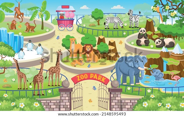 Zoo map with enclosures with animals. Outdoor\
park entrance with green bushes. Cartoon vector illustration.\
Pandas, giraffes, elephants, zebras, elephants, penguins, monkeys,\
parrots, flamingo.