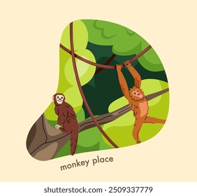 Zoo map. Funny monkeys or marmosets jumping on branches of tropical trees. Wildlife Park or menagerie with African Animals. Savanna Safari. Cartoon vector illustration isolated on beige background