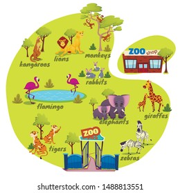 Zoo Map, Nature Infographics Elements with Funny Animals in Park. Giraffe, Lion, Monkey, Zebra, Kangaroo, Rabbit, Elephant, Flamingo, Penguin, Monkey, Tigers Zoo Shop. Cartoon Flat Vector Illustration