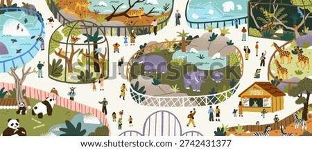 Zoo map top view. Panorama with happy wild animals in enclosures. Families with children walk on paths and look at elephants and pandas. Kids with guide in the zoology park. Flat vector illustration