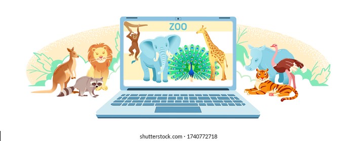 Zoo Online Virtual Tour Illustration. Animal Live Cam Translation In Laptop. Safari Cartoon Web Banner Isolated On White Background. Wildlife Park Web Landscape Vector Poster. Animals Panorama Site.