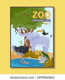 Zoo opening day poster. Elephant, toucan, ostrich and lizard near small lake. African wild life and fauna. Wildreness and safari. Flat vector illustration isolated on yelow background