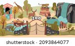 Zoo outdoor scene with entrance gate wild animals and birds walking on territory flat vector illustration