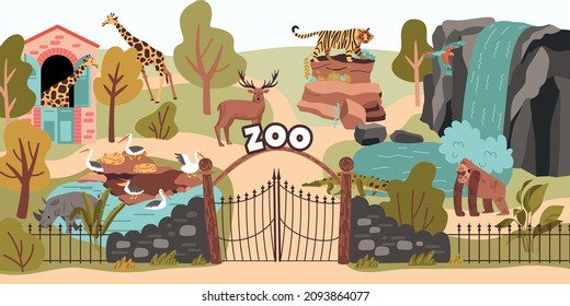 Zoo outdoor scene with entrance gate wild animals and birds walking on territory flat vector illustration