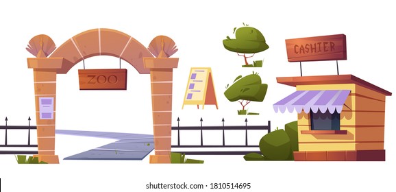 Zoo outdoor wild animals park set. Gates with wooden signboard, metal fencing and stone pillars, cashier booth, entrance banner and green bush isolated on white background Cartoon vector illustration