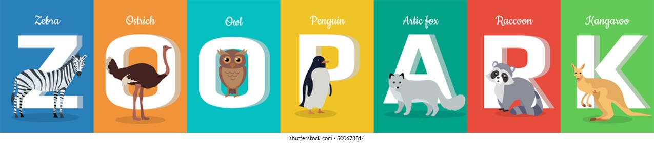 Zoo park  ABC concept. Flat style. Horizontal banner with zebra, ostrich, owl. penguin, fox, raccoon, kangaroo. Animals standing at the beginning letters of their names. For children's textbooks 