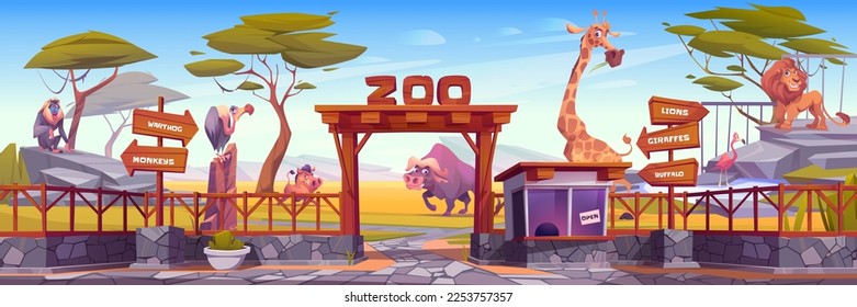 Zoo park with african animals, trees, fence and entrance with wooden arch and cashier booth. Landscape of zoological park with lion, baboon, wildebeest and giraffe, vector cartoon illustration