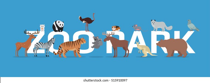 Zoo park with animals banner isolated. Elk zebra hamster tiger panda ostrich deer beaver kangaroo mouse wolf bear dove. Zoo advertisement poster. Different animals in the zoo. Vector in flat style.