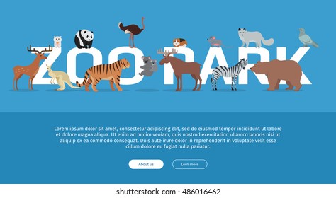 Zoo Park banner. Various animals stands or sits near letters. Poster for the zoo with deer, kangaroo, ostrich, tiger, koala, zebra, bear, fox, panda, mouse, moose on blue background. Website template