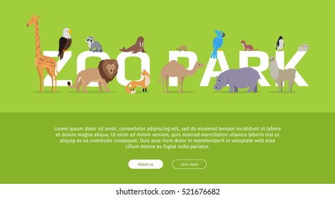 Zoo Park banner. Various animals stands or sits near letters. Poster for the zoo with giraffe, lion, fox, camel, penguin, raccoon, hippo, parrot, turtle, llama on green background. Website template