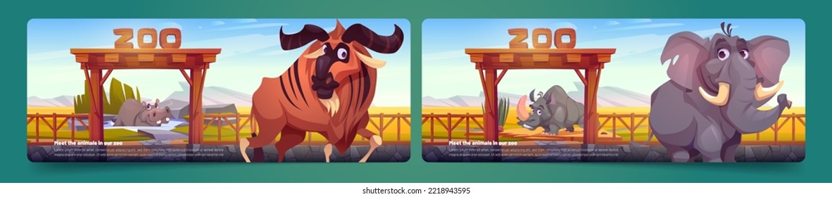 Zoo park banners with african animals elephant, buffalo, hippo and rhinoceros at wooden gates. Wild savannah inhabitants in outdoor national park area, life in nature Cartoon vector illustration