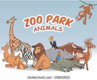 Zoo park. Big cartoon animal set