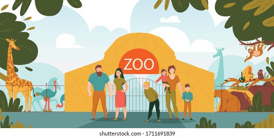 ZOO park entrance gate flat cartoon composition with ostrich giraffe behind fence visitors families vector illustration