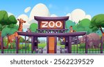 Zoo park entrance scenery. Wooden gate with purple roof, turnstiles and metal fence, safari animals inside - giraffe, zebra, cheetah cubs and hippo. Landscape with lush greenery, pond and clouds.