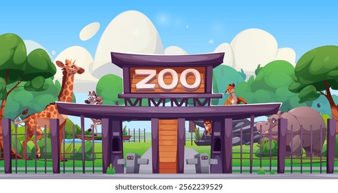 Zoo park entrance scenery. Wooden gate with purple roof, turnstiles and metal fence, safari animals inside - giraffe, zebra, cheetah cubs and hippo. Landscape with lush greenery, pond and clouds.