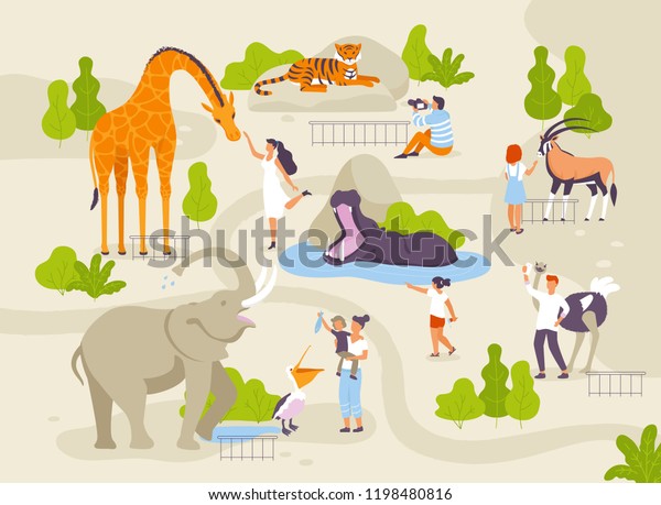 おかしな動物や人々がベクターフラットイラストを使って交流する動物園の公園 園内の動物のインフォグラフィックエレメントで 園内を歩く大人と子どもの漫画のキャラクターが描かれています のベクター画像素材 ロイヤリティフリー