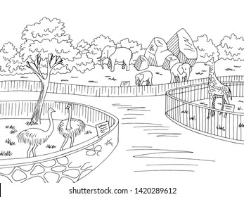 Zoo Park Graphic Black White Landscape Stock Vector (Royalty Free ...