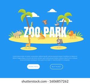 Zoo Park Landing Page Template, Island with Cute Jungle Animals Vector illustration