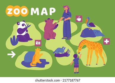 Zoo park map. Layout of animal enclosures. Visitor and employee. Wildlife observation. Raccoon and panda. Kid feeding giraffe. Exotic pelican or lion. Area scheme. Garish